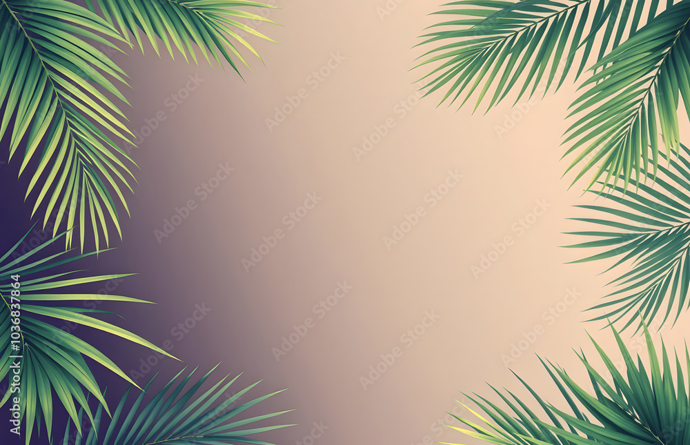 Retro frame made of palm leaves. Tropical background with gradient and space for text. Summer holiday, travel, vacation, party. Design for banner, poster or invitation. Retro frame made of palm leaves. Tropical background with gradient and space for text. Summer holiday, travel, vacation, party. Design for banner, poster or invitation.