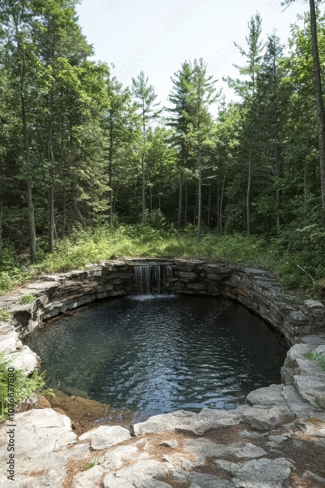 Serene natural pool surrounded by lush trees, featuring a gentle waterfall, inviting peaceful moments.