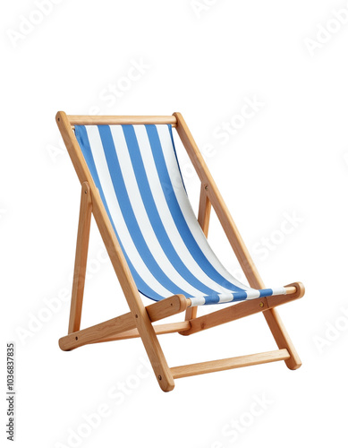 Stylish Wooden Deck Chair with Blue and White Stripes for Relaxation