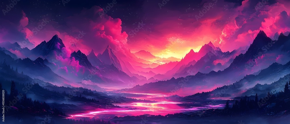 A breathtaking digital artwork showcasing a vibrant sunset over majestic mountains, bathed in hues of pink and purple, creating a tranquil atmosphere. A breathtaking digital artwork showcasing a vibrant sunset over majestic mountains, bathed in hues of pink and purple, creating a tranquil atmosphere.