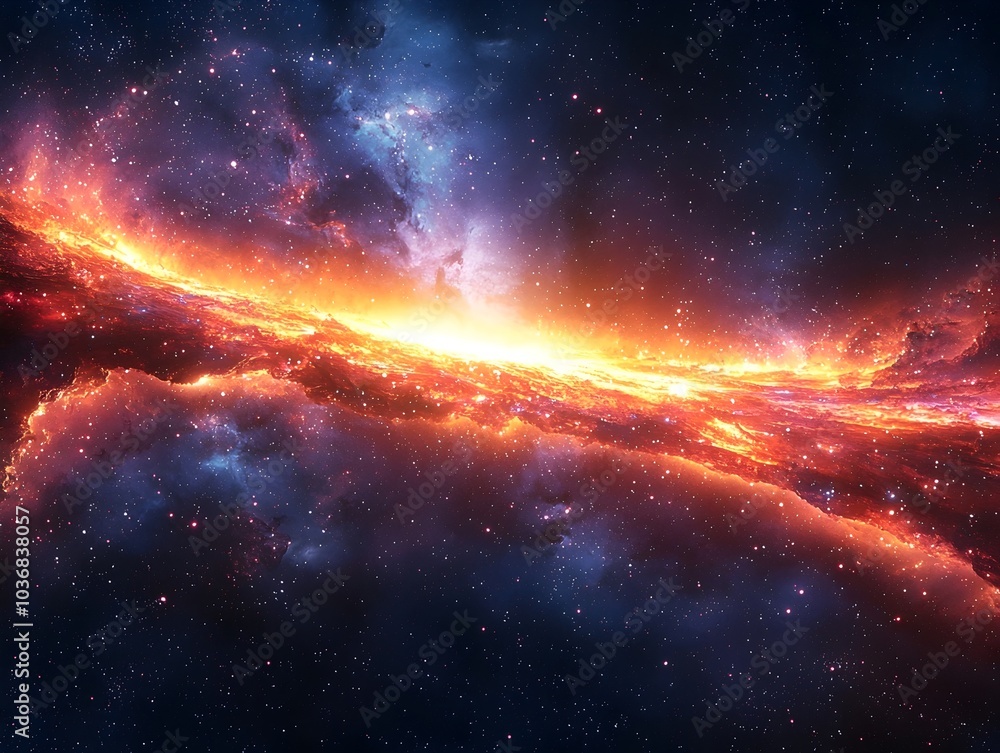 Obraz premium A breathtaking view of a cosmic landscape showcasing vibrant colors of galaxy formation with luminous nebulae and scattered stars enhancing the celestial ambience.