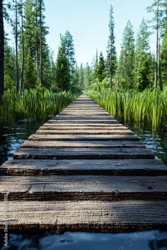 Wooden pathway leading through lush greenery and tranquil waters in a serene, forested landscape.