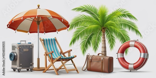 Fototapeta Naklejka Na Ścianę i Meble -  Set of resort elements in 3d realistic style beach chair, suitcase, camera, umbrella, palm tree, lifebuoy.  illustration