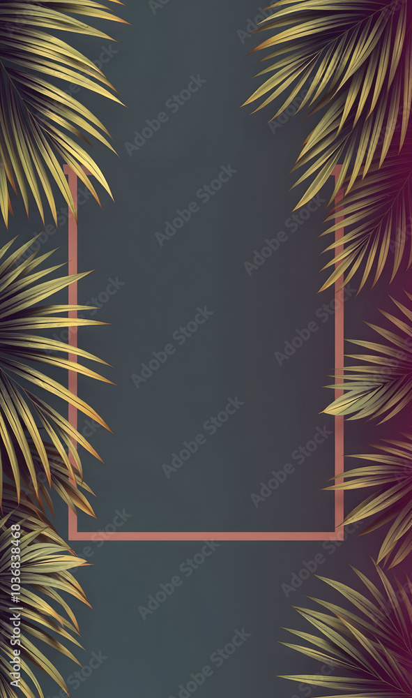 Retro frame made of palm leaves. Tropical background with gradient and space for text. Summer holiday, travel, vacation, party. Design for banner, poster or invitation. Retro frame made of palm leaves. Tropical background with gradient and space for text. Summer holiday, travel, vacation, party. Design for banner, poster or invitation.