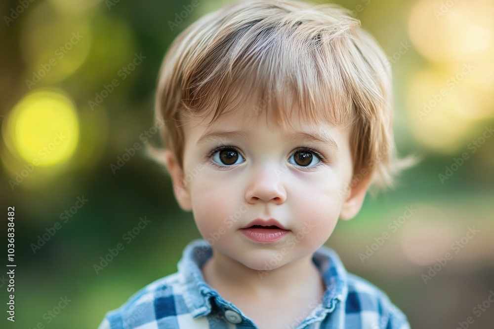 A young boy with blond hair wearing a blue and white checkered shirt, great for kid-related illustrations or childhood memories A young boy with blond hair wearing a blue and white checkered shirt, great for kid-related illustrations or childhood memories
