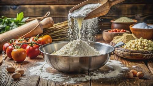 A sprinkle of white flour pours from a stainless steel scoop into a large, worn, wooden mixing bowl amidst a scattered mess of ingredients. photo