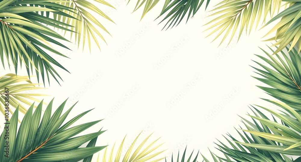 Retro frame made of palm leaves. Tropical background with gradient and space for text. Summer holiday, travel, vacation, party. Design for banner, poster or invitation. Retro frame made of palm leaves. Tropical background with gradient and space for text. Summer holiday, travel, vacation, party. Design for banner, poster or invitation.