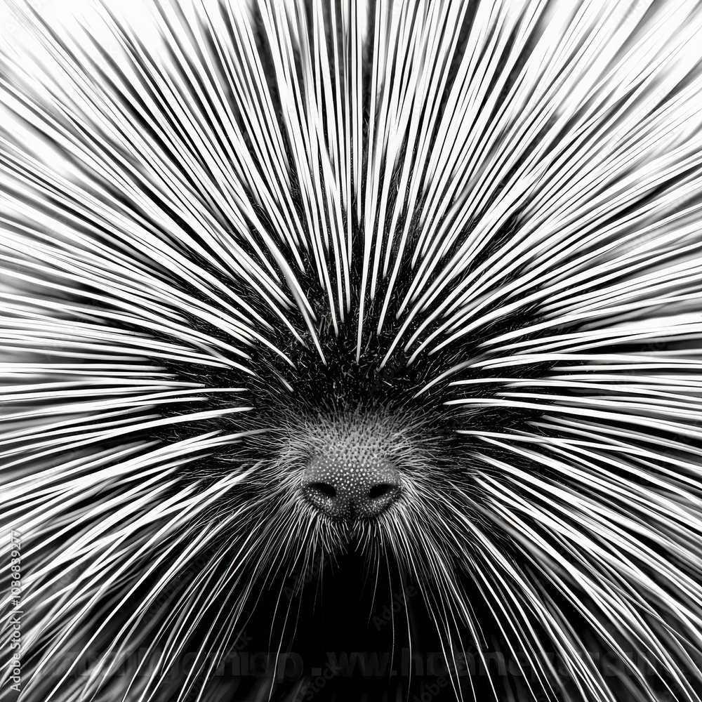 Obraz premium A close-up of a porcupine's face, showcasing its striking quills in black and white, emphasizing texture and detail.