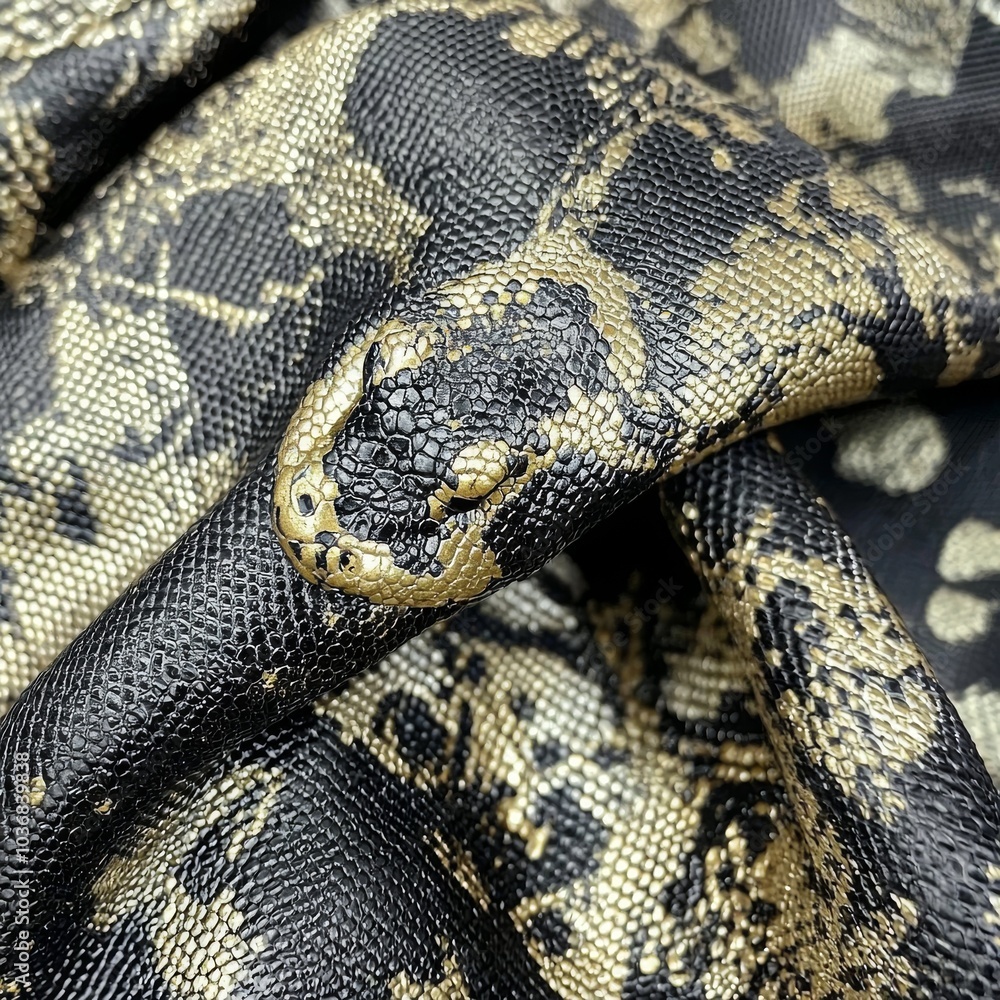 Close-up of a stunning black and gold snake skin pattern, showcasing intricate textures and vibrant contrast. Close-up of a stunning black and gold snake skin pattern, showcasing intricate textures and vibrant contrast.