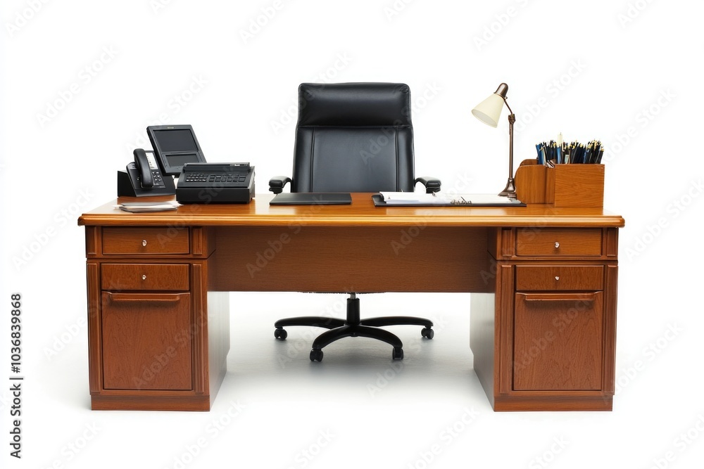 A modern office workstation setup with a laptop and phone A modern office workstation setup with a laptop and phone