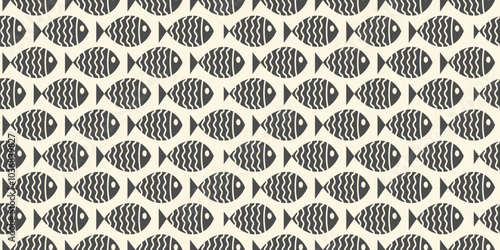 Nautical seamless pattern with swimming cartoon fish. Vector illustration