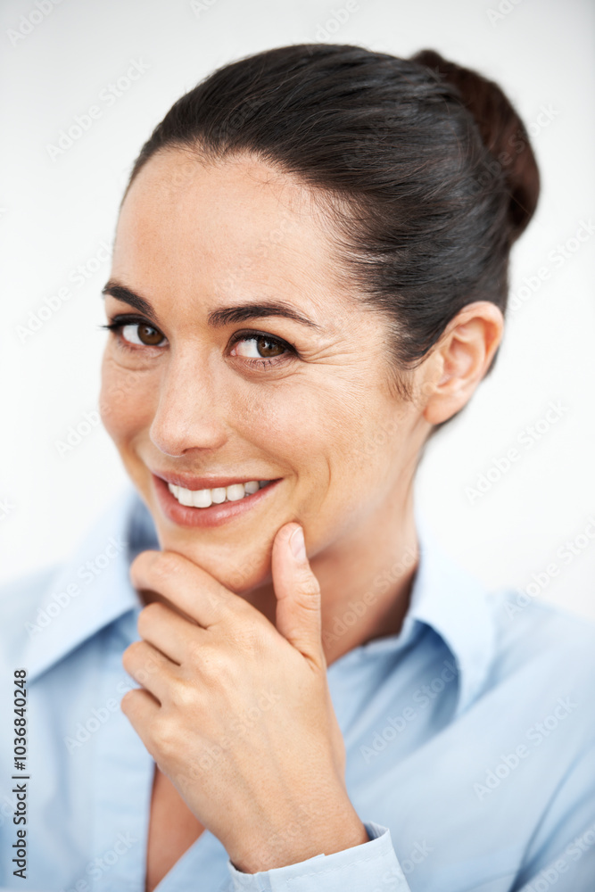 Woman, professional and studio for thinking, portrait and inspiration for business growth opportunity. Female person, reflection and employee brainstorming on solution, planning and white background