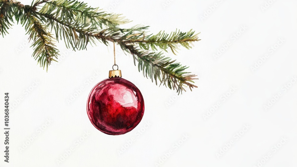 Watercolor of Christmas tree branches with red balls, isolated on white background, border,Christmas composition,Spruce branches with New Year decorations,fairy lights and red baubles,copy space. Watercolor of Christmas tree branches with red balls, isolated on white background, border,Christmas composition,Spruce branches with New Year decorations,fairy lights and red baubles,copy space.