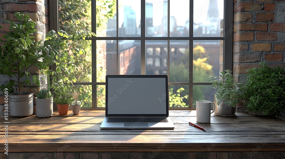 A minimalist, modern desk with a sleek laptop, a simple pen and a cup of coffee neatly placed next to it A minimalist, modern desk with a sleek laptop, a simple pen and a cup of coffee neatly placed next to it