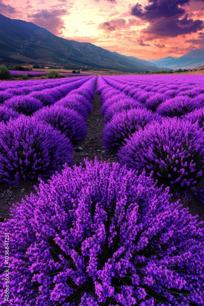 Obraz premium Vibrant lavender fields at sunset, showcasing rows of blooming purple flowers under a stunning sky.