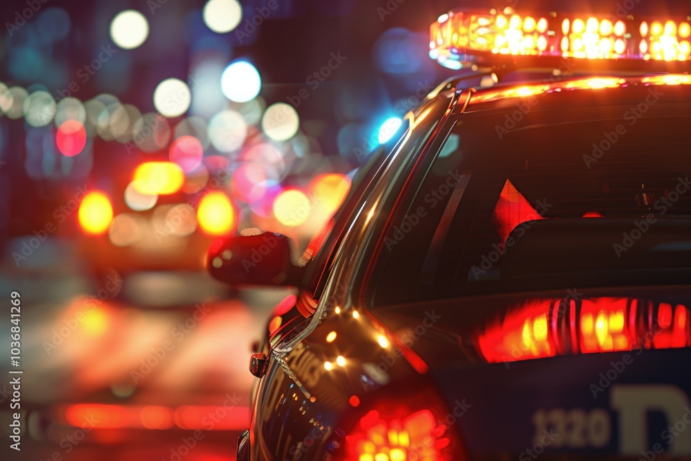 A police car with flashing lights driving through the dark of night A police car with flashing lights driving through the dark of night