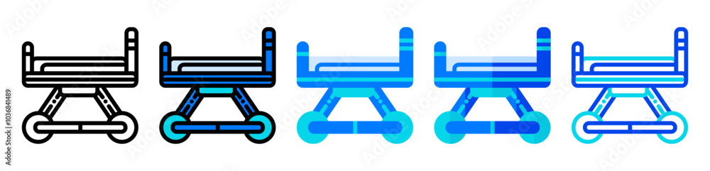 Ambulance stretcher icon set in line, flat, filled style, suitable for illustrations of first aid to patients, symbols of medical care, hospitals, ambulances, and medical staff. Ambulance stretcher icon set in line, flat, filled style, suitable for illustrations of first aid to patients, symbols of medical care, hospitals, ambulances, and medical staff.