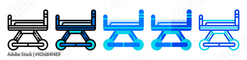 Ambulance stretcher icon set in line, flat, filled style, suitable for illustrations of first aid to patients, symbols of medical care, hospitals, ambulances, and medical staff.