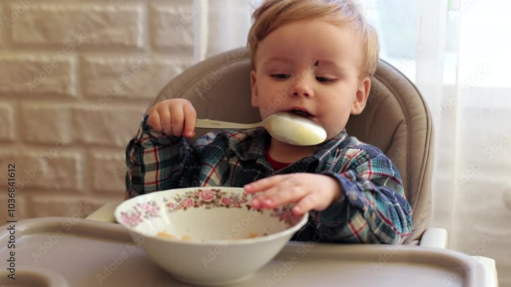 Little handsome boy is learning to eat, he eats potatoes and carrots. The child eats with his hands. The child has lunch at the children's table. He tastes everything Little handsome boy is learning to eat, he eats potatoes and carrots. The child eats with his hands. The child has lunch at the children's table. He tastes everything