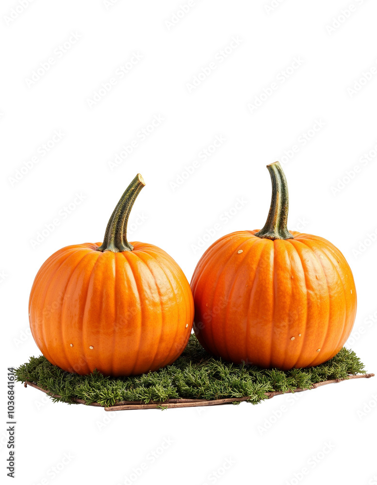 Two Bright Orange Pumpkins Displayed on a Bed of Green Moss. Two Bright Orange Pumpkins Displayed on a Bed of Green Moss.