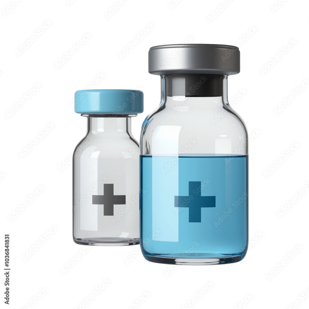 Two Medical Vials with Blue Liquid and Plus Symbols on Labels Two Medical Vials with Blue Liquid and Plus Symbols on Labels