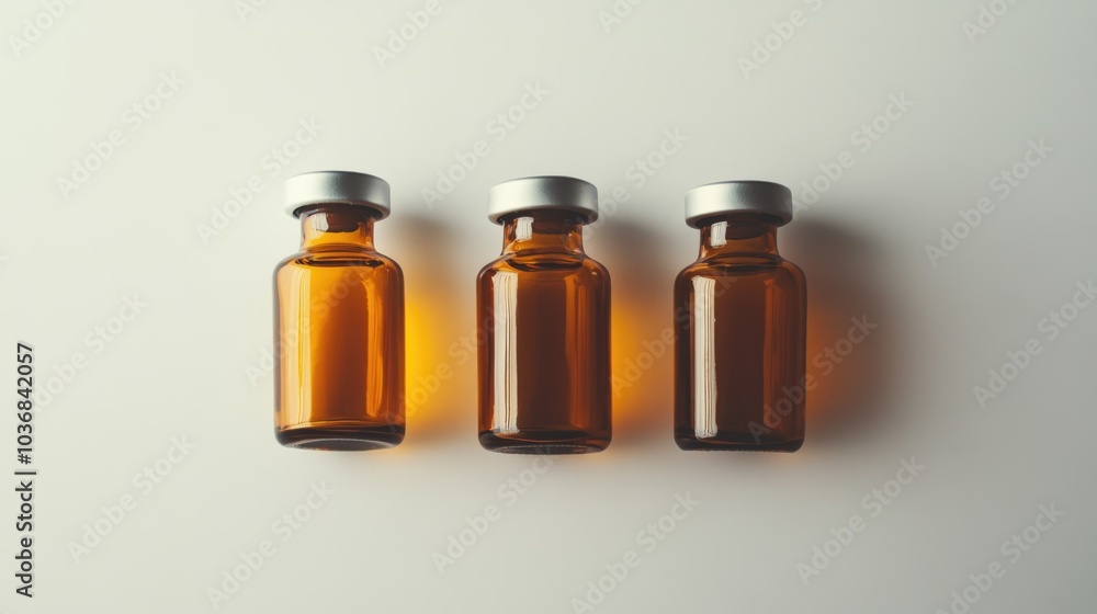 Three empty medicine bottles placed side by side on a white surface, suitable for use in medical or pharmaceutical context Three empty medicine bottles placed side by side on a white surface, suitable for use in medical or pharmaceutical context