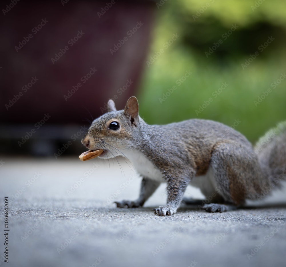 Close-up of a squirrel holding a pecan in its mouth on a concrete surface with a blurred background Close-up of a squirrel holding a pecan in its mouth on a concrete surface with a blurred background