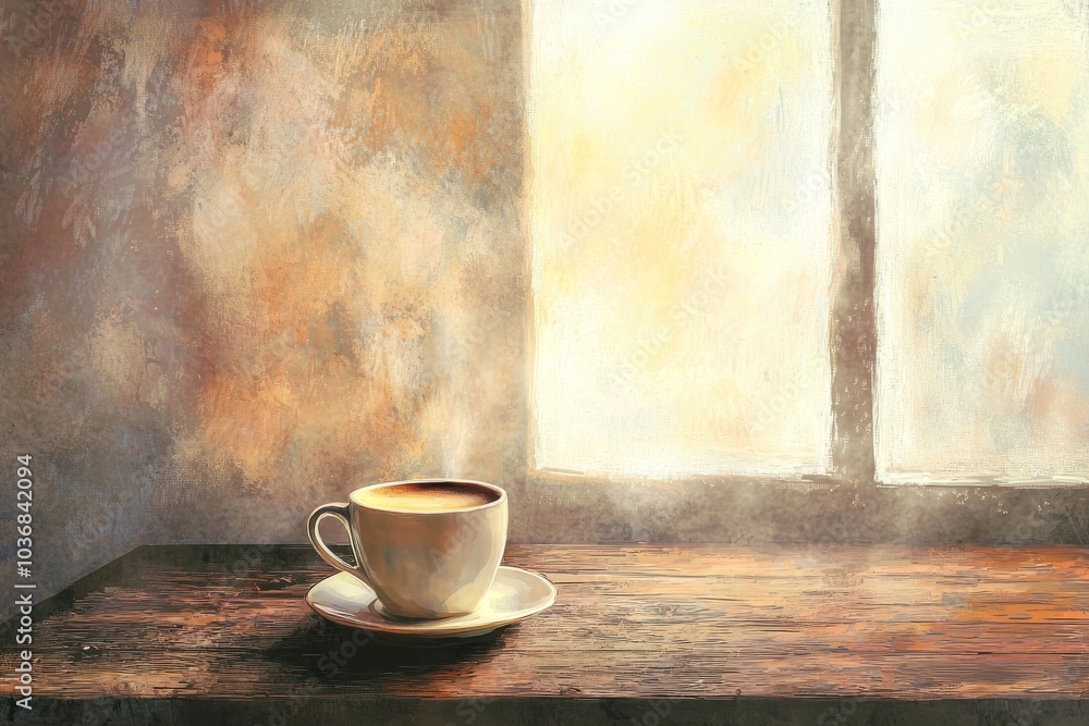 A steaming cup of coffee sits on a wooden table, basking in warm sunlight streaming through a window. A steaming cup of coffee sits on a wooden table, basking in warm sunlight streaming through a window.
