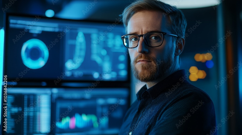 Caucasian male analyst with glasses, focused in a data-driven environment. Caucasian male analyst with glasses, focused in a data-driven environment.