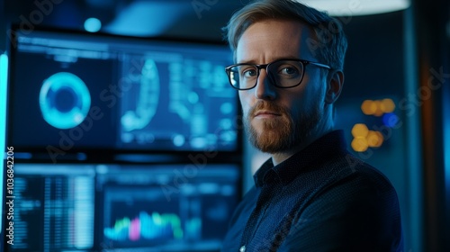 Caucasian male analyst with glasses, focused in a data-driven environment.