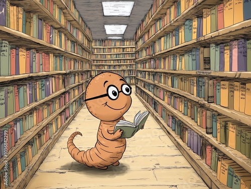 A cheerful cartoon bookworm with glasses reads a book in a library filled with bookshelves photo