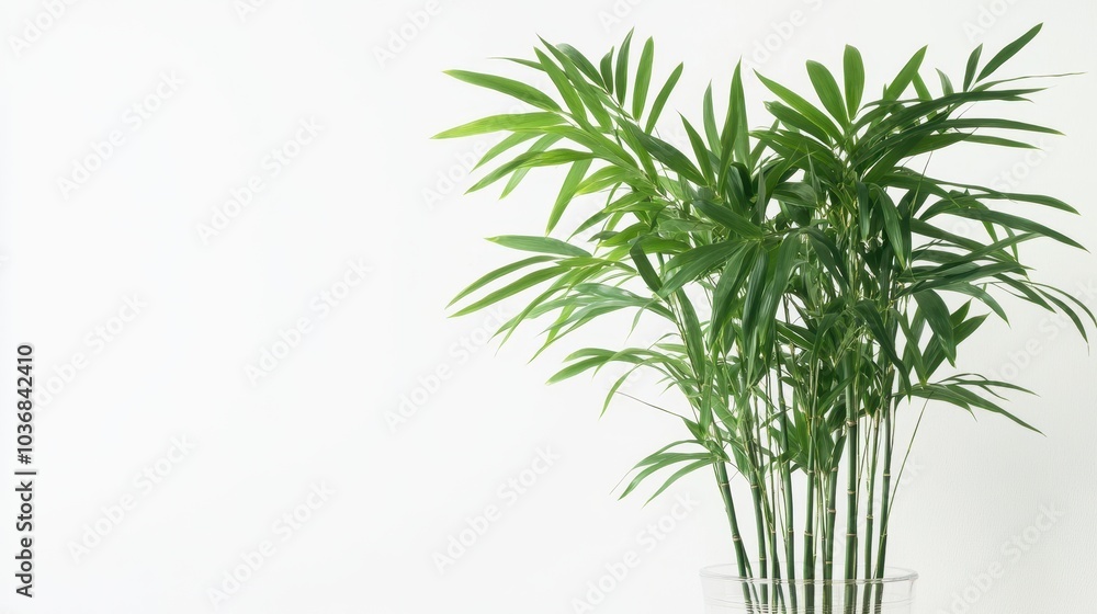 Fototapeta premium Lush Green Plant in Clear Glass Vase Against White Background