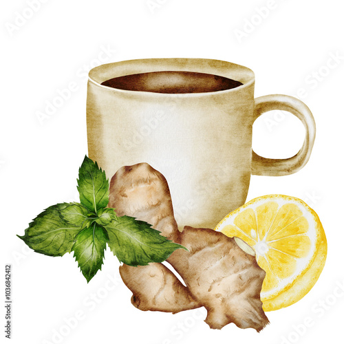 Cup of tea watercolor. Herbal tea with lemon slices and mint leaves. Hand drawn beige mug with hot citrus drink and on isolated white background. Ideal for logo and packaging of medicinal tea