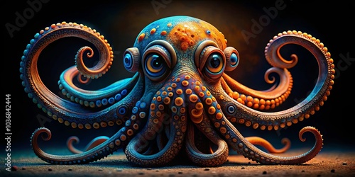 A vibrant cephalopod with iridescent skin and expressive eyes, its tentacles curl into intricate patterns against a dark, mysterious background.