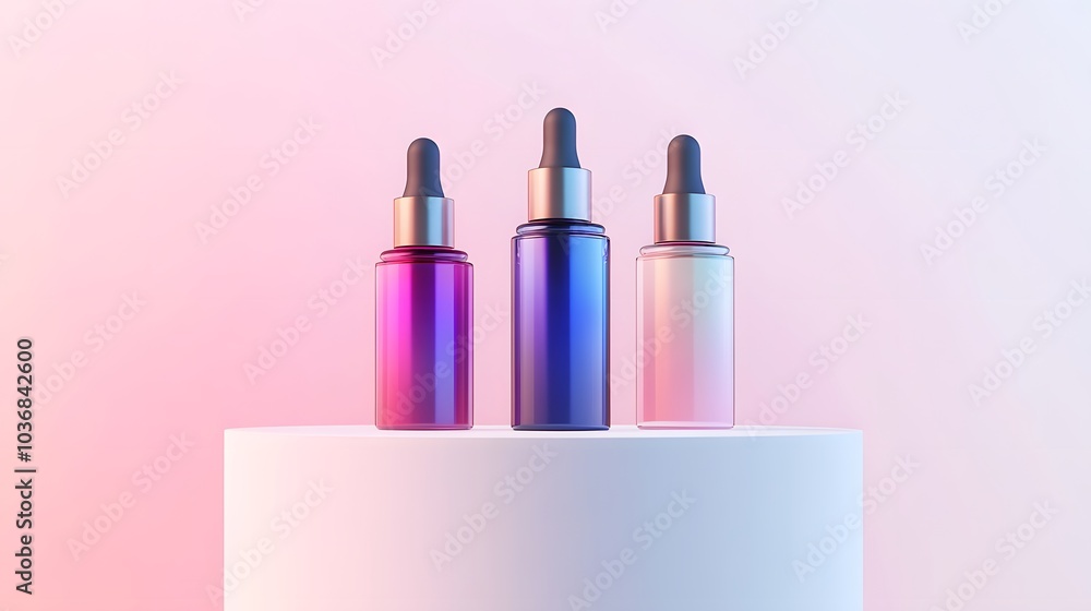 Three dropper bottles in gradient colors displayed on a pedestal against a soft background. Three dropper bottles in gradient colors displayed on a pedestal against a soft background.
