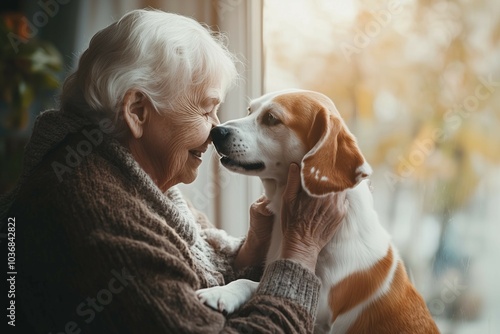 An elderly woman shares a joyful moment with her beagle dog near the window on a sunny afternoon