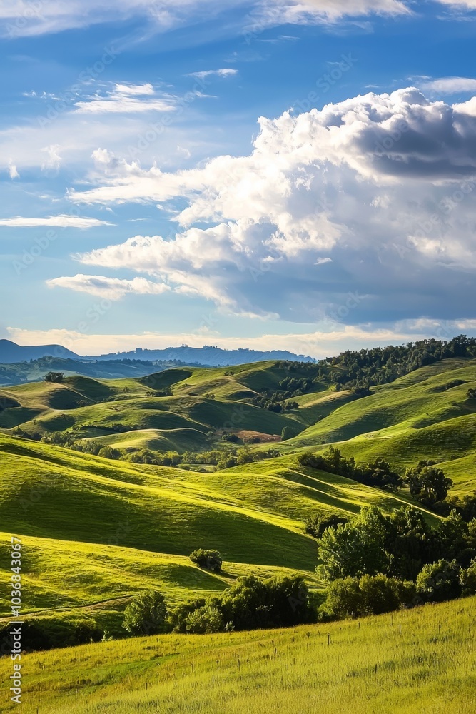 Fototapeta premium Vibrant green rolling hills under a dramatic sky, creating a serene and picturesque landscape.