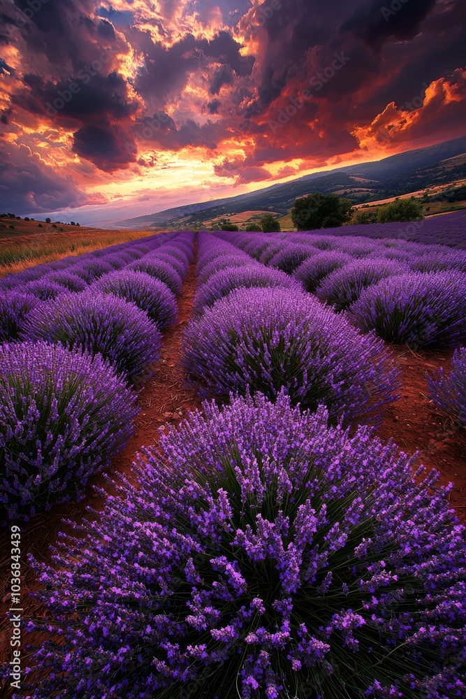 Obraz premium Stunning sunset over vibrant lavender fields, showcasing rows of lush purple blooms under dramatic skies.