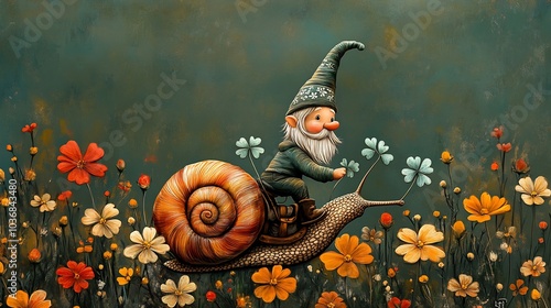 Delightful illustration of gnome riding whimsical snail decorated shamrocks traversing vibrant garden filled colorful flowers for a magical St Patrick's Day adventure on minimalistic green background photo