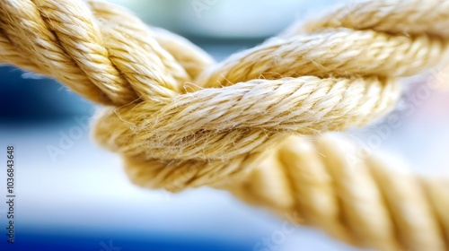 Complex web of interconnected ropes symbolizing intricate business relationships and antitrust challenges, with a focused foreground rope representing the effort to break monopolies. photo