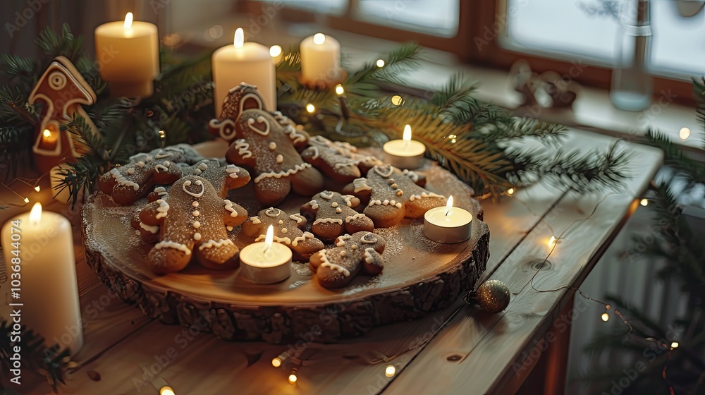 Fototapeta premium A wooden tray with gingerbread cookies in the shape of houses