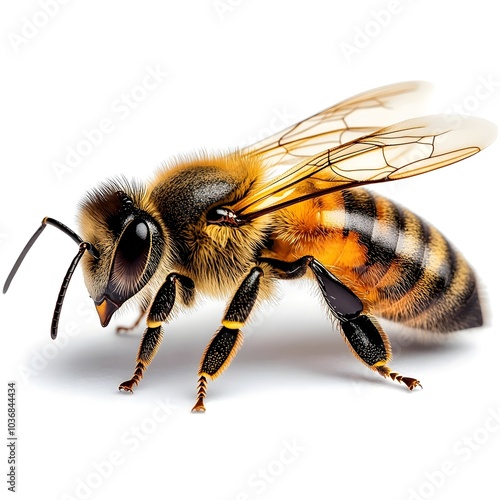 Wallpaper Mural A highly detailed close-up of a honeybee showcasing its vibrant yellow and black stripes, delicate wings, and large, expressive eyes against a clean, white background. Torontodigital.ca