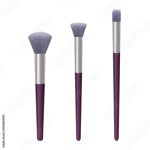 Make-up brushes. Cosmetic brushes for eyeshadows, blusher, powder. Female fashion accessories for make up. Purple brushes set. Vector illustration.