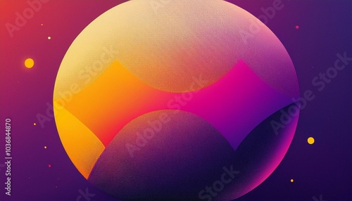 grainy abstract gradient sphere in purple, pink, and yellow with light geometric shapes and noise texture, ideal for vibrant poster and banner designs.
