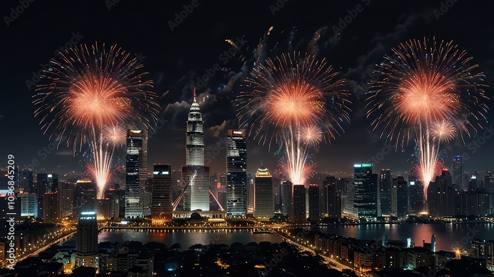 Obraz premium Vibrant Fireworks Display Over City Skyline at Night