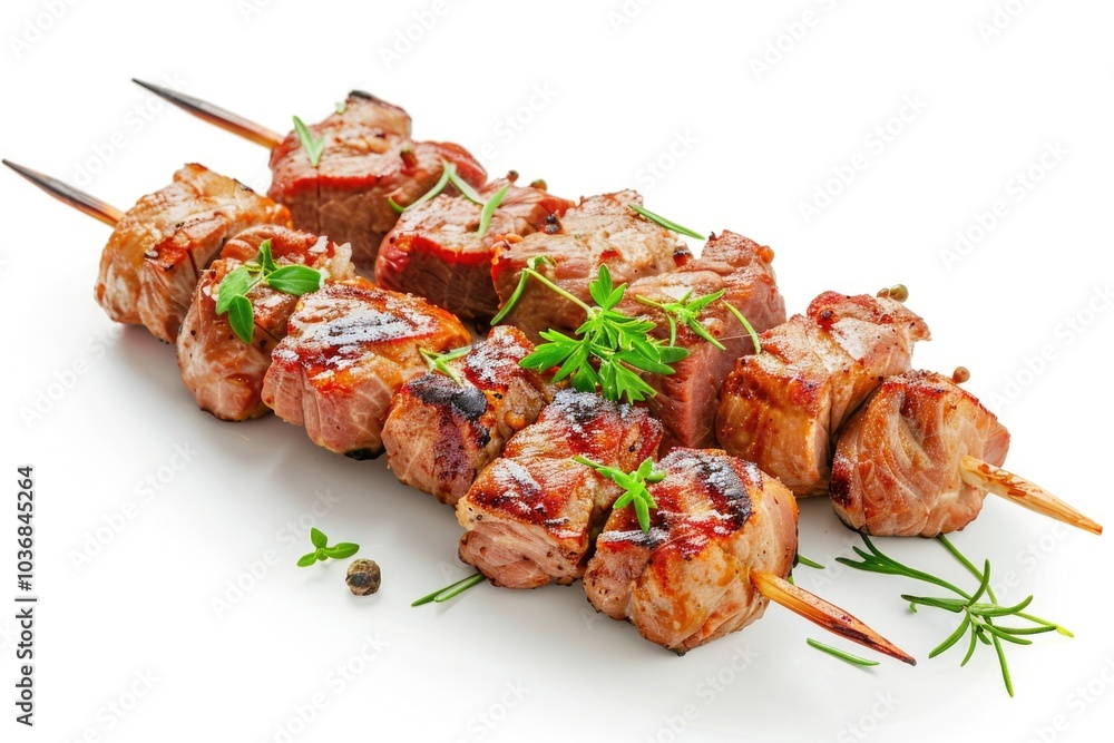 A close-up shot of a skewer of meat on a white background, perfect for food-related content or culinary uses A close-up shot of a skewer of meat on a white background, perfect for food-related content or culinary uses