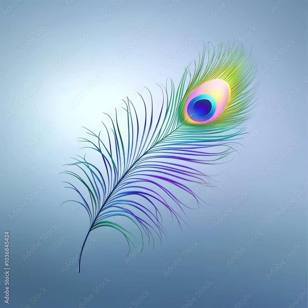 Obraz premium A vibrant peacock feather with an iridescent eye, showcasing shades of green, blue, and purple against a soft blue background.