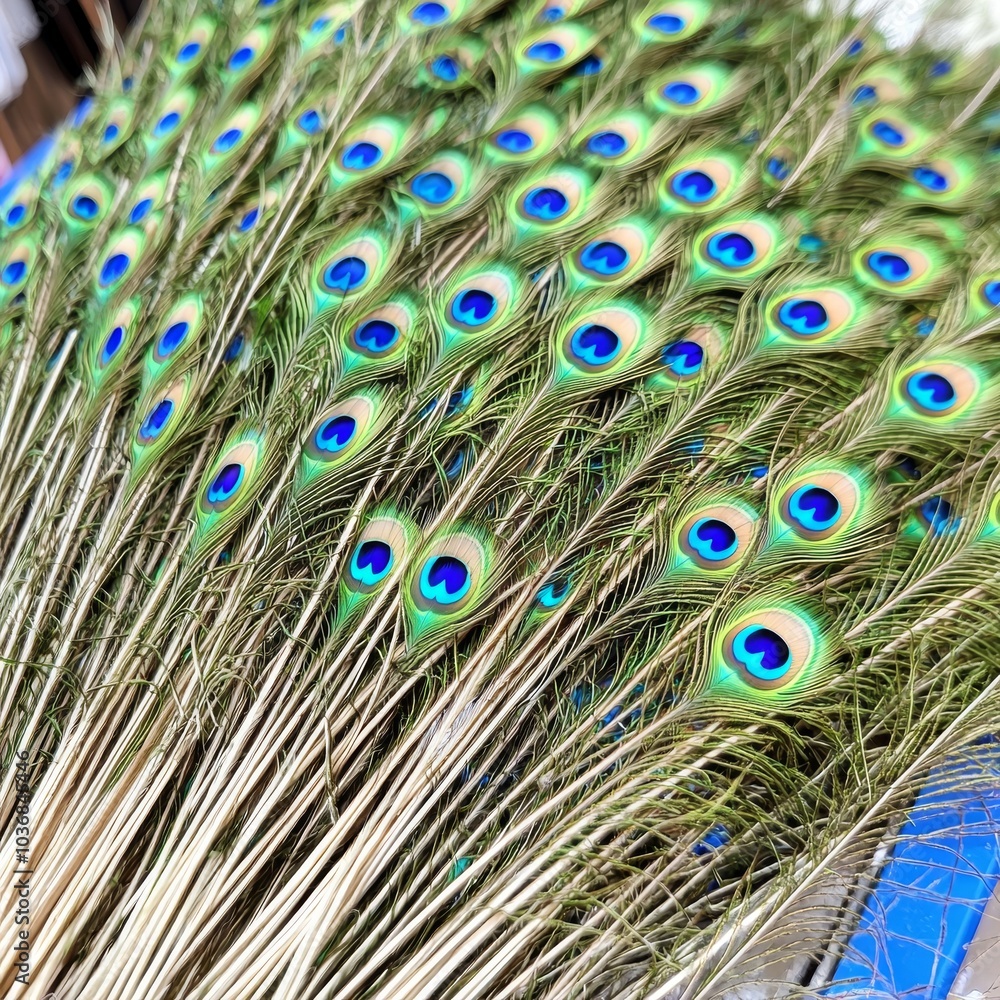 Obraz premium A vibrant arrangement of peacock feathers showcasing stunning shades of blue and green.