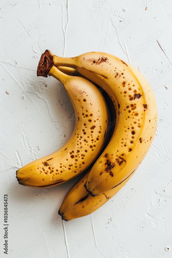 A pair of ripe bananas resting on a table surface, ready for use A pair of ripe bananas resting on a table surface, ready for use