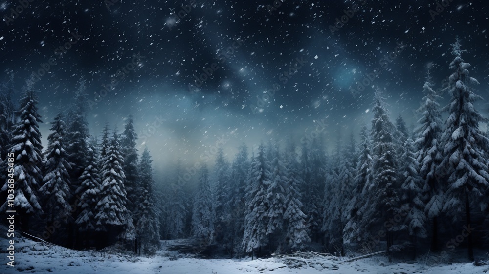 A snowy winter night in the forest, with tall pine trees covered in fresh powder and a star-filled sky. A snowy winter night in the forest, with tall pine trees covered in fresh powder and a star-filled sky.